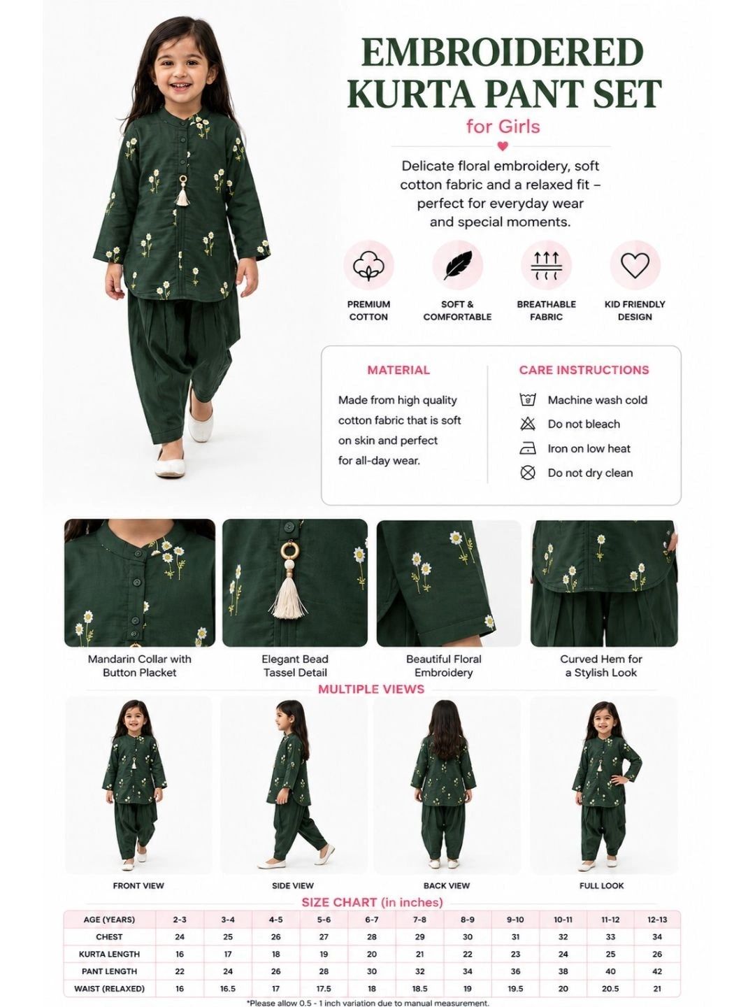 Girls Floral Embroidered Regular Thread Work Kurta with Patiala 5