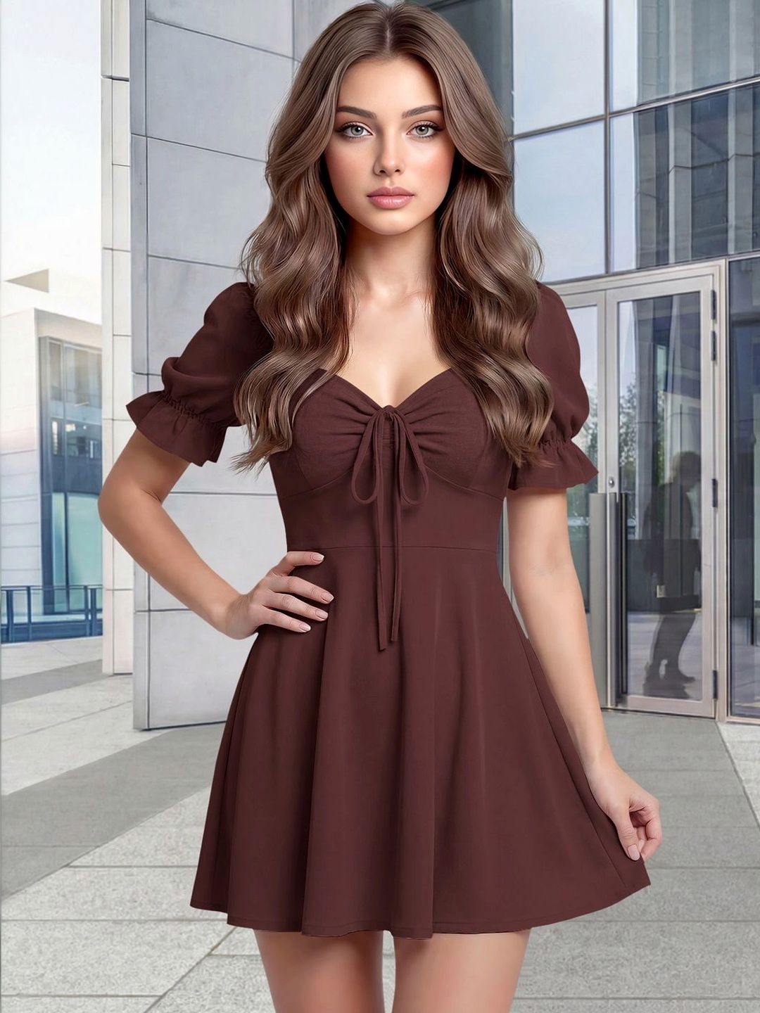 Navyankaa Puff Sleeve Ruffled A-Line Mini Dress