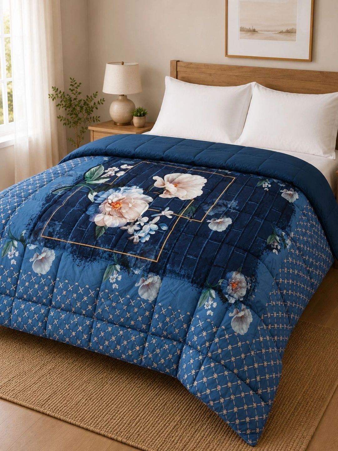Buy Florida Blue & Navy Blue Floral Microfiber 233 GSM Quilt -  - Home for Unisex