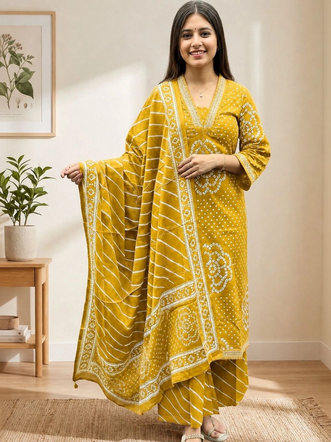 Jouglowriyaa Women Leheriya Dyed Regular Kurta with Palazzos & With Dupatta