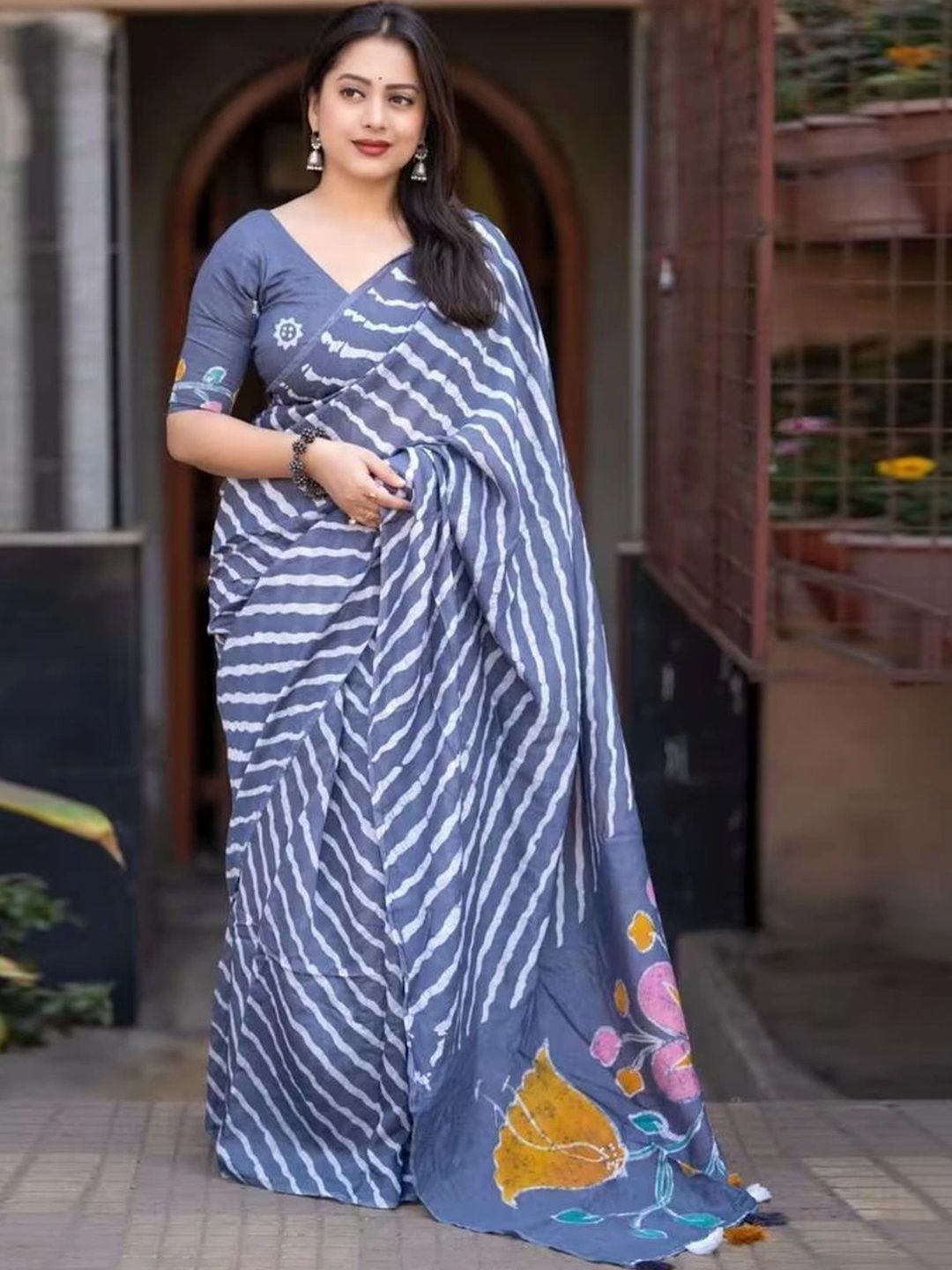 NENU CREATION Leheriya Linen Blend Leheriya Saree