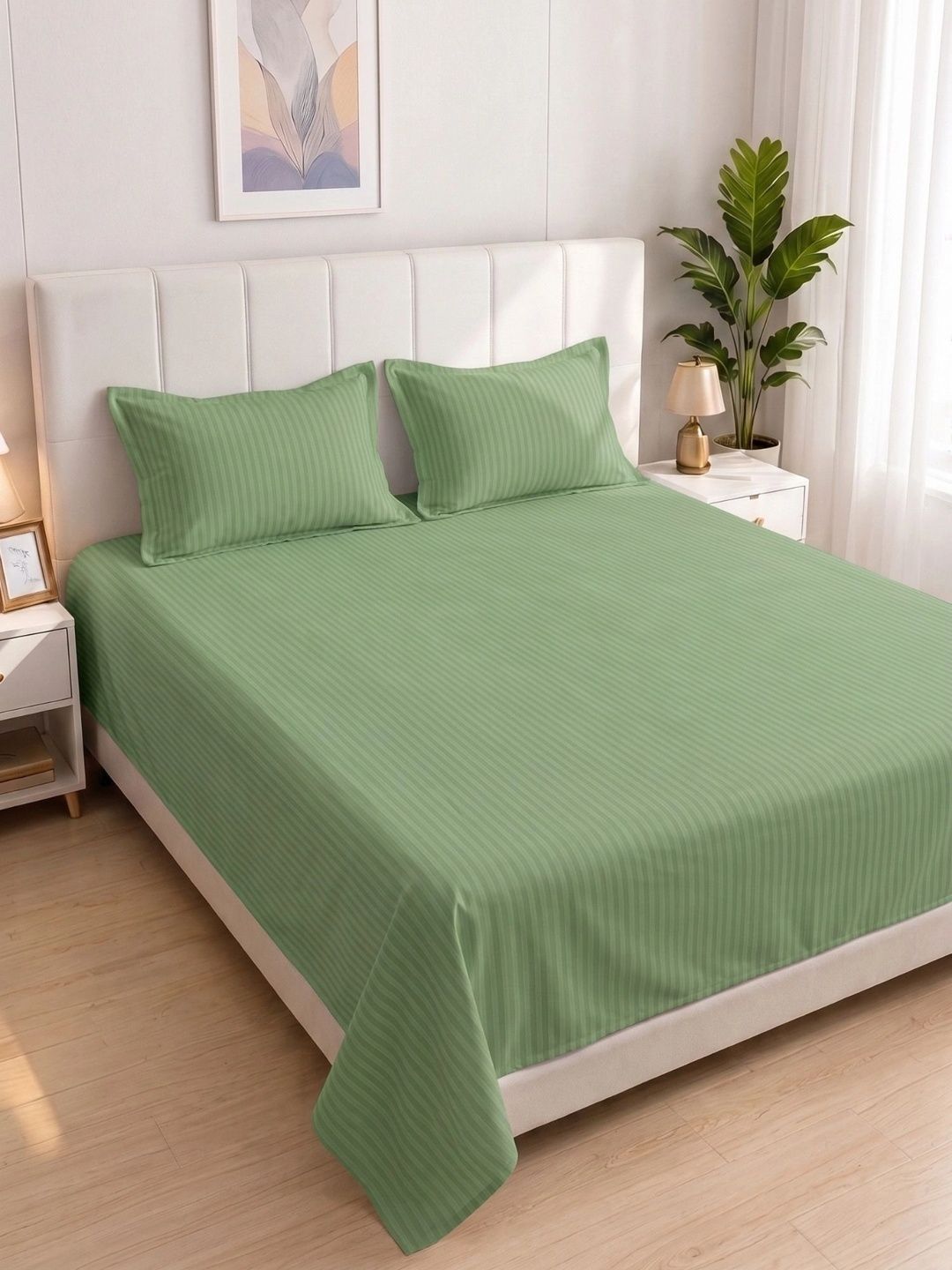 MAFATLAL Green Striped 210 TC King Bedsheet with 2 Pillow Covers