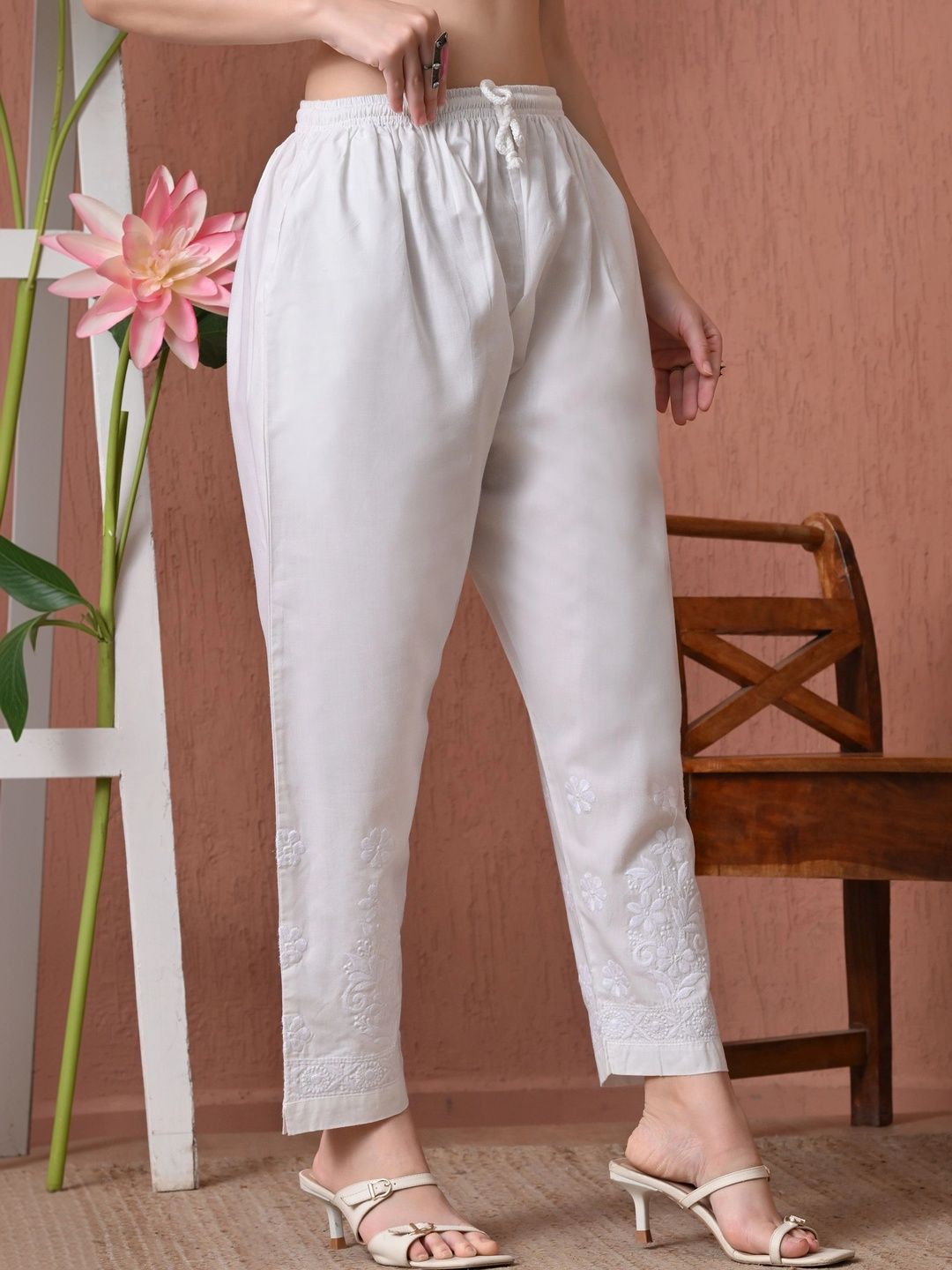 Fashionable Chikan Handikraft Women Embroidered Relaxed Easy Wash Pleated Trousers