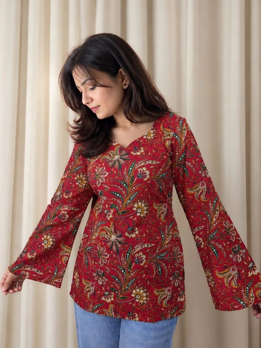 KURVEE Ethnic Motifs Printed V-Neck Flared Sleeves Pure Cotton Kurti