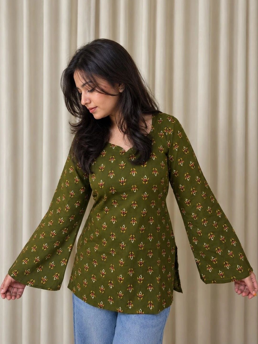 KURVEE Ethnic Motifs Printed V-Neck Flared Sleeves Pure Cotton Kurti
