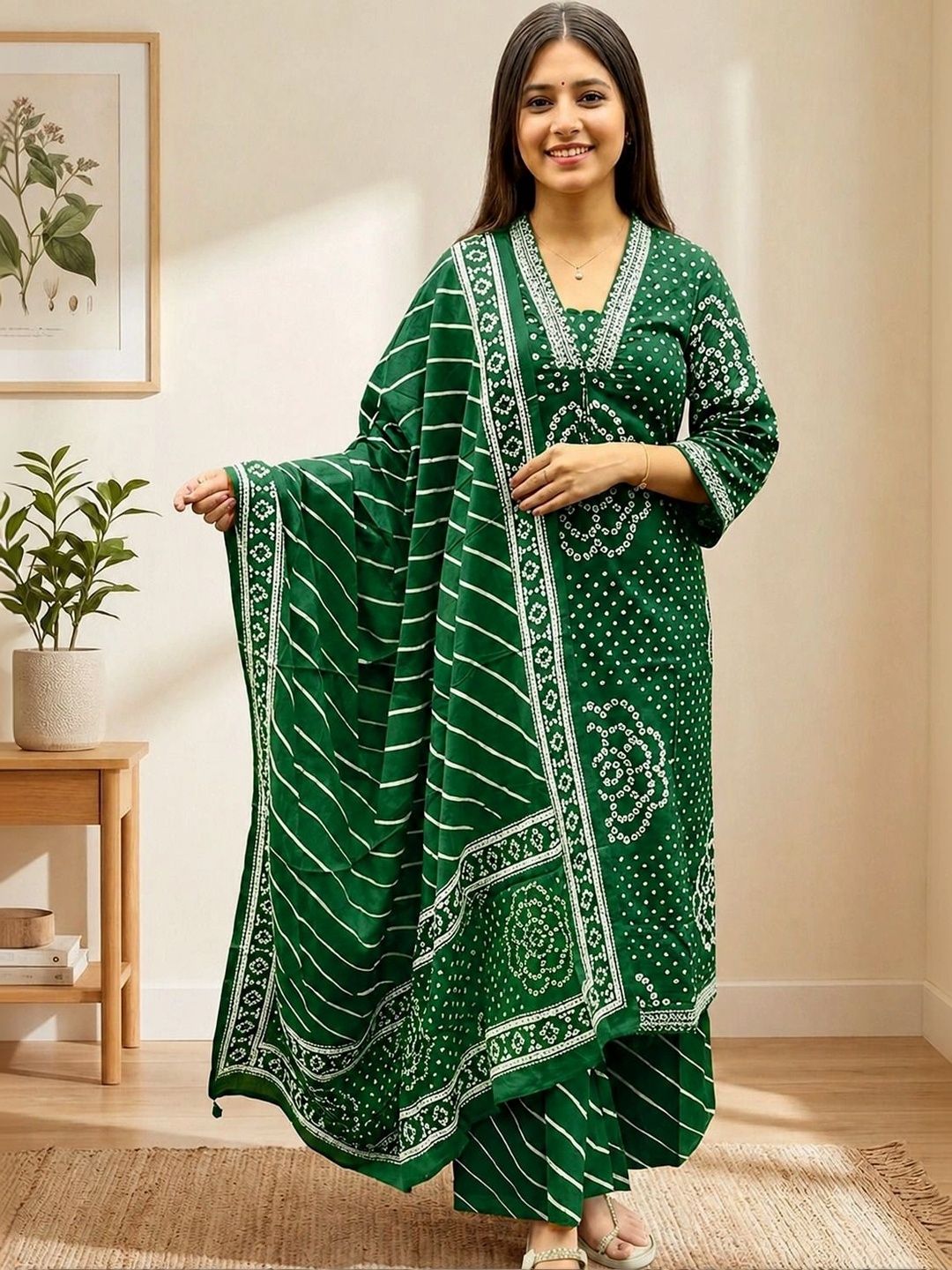 Jouglowriyaa Women Leheriya Dyed Regular Kurta with Palazzos & With Dupatta