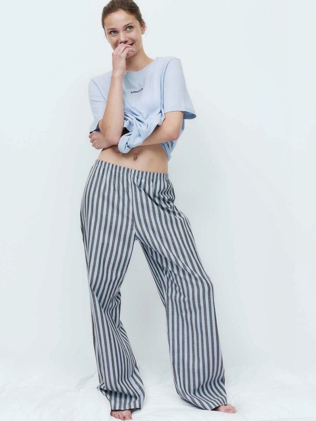 Cotton Rich T-Shirt with Striped Print Pyjama Set