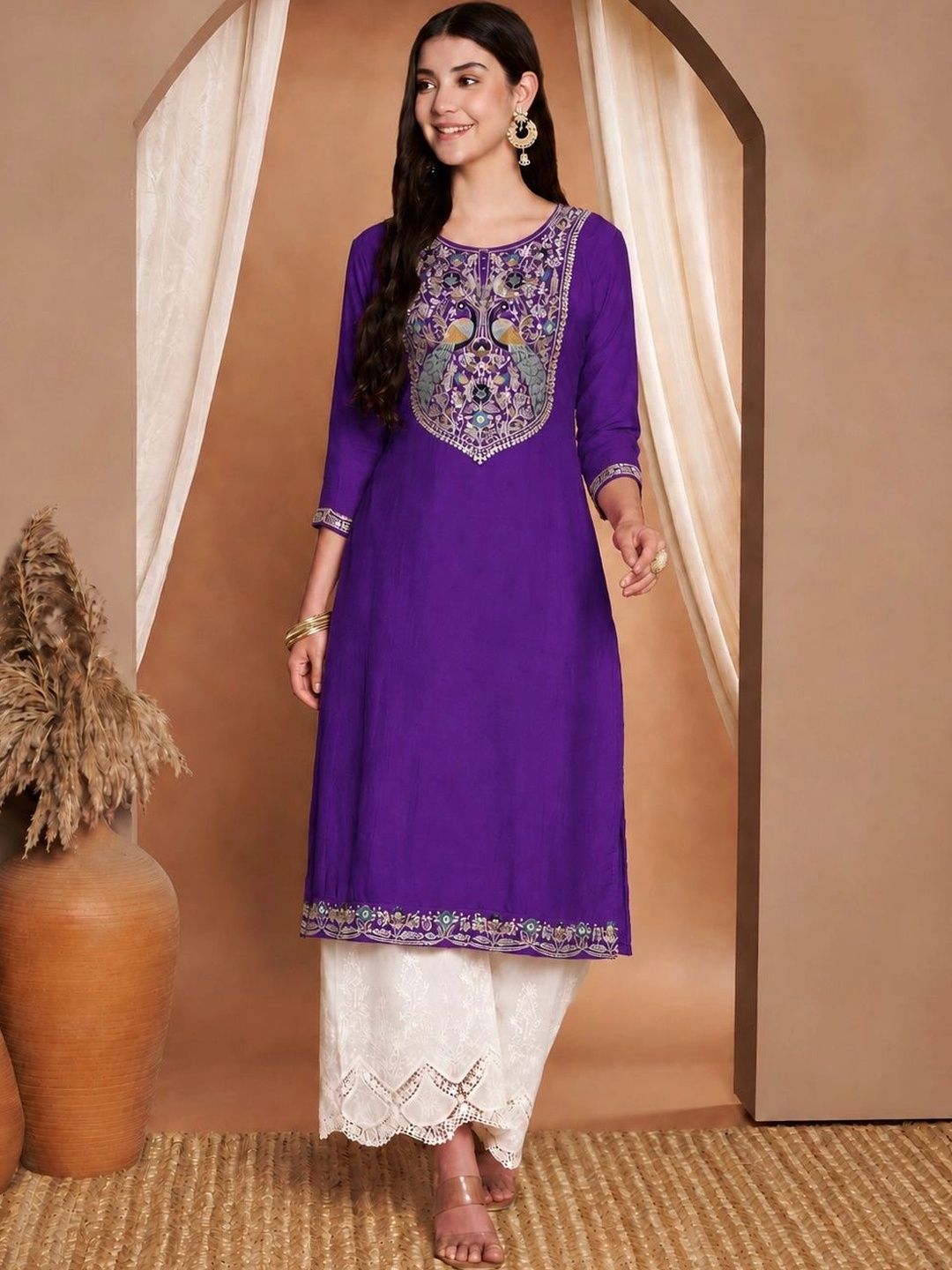 FORKEY Women Embroidered Thread Work Kurta