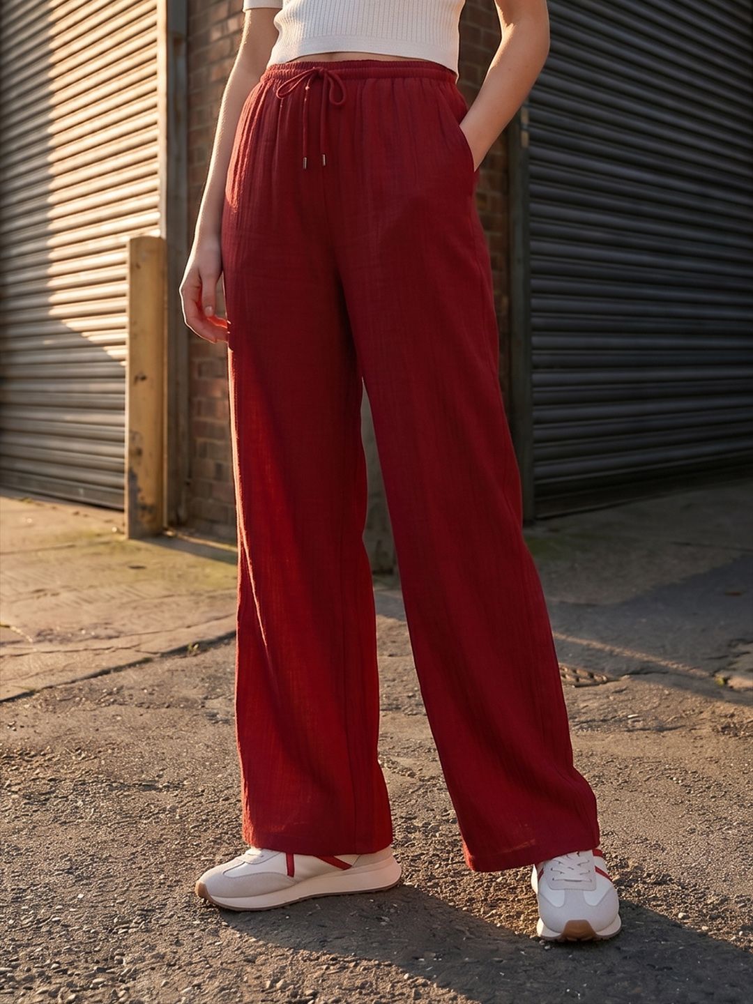 The Roadster Life Co. Women Textured Wide Leg Trousers