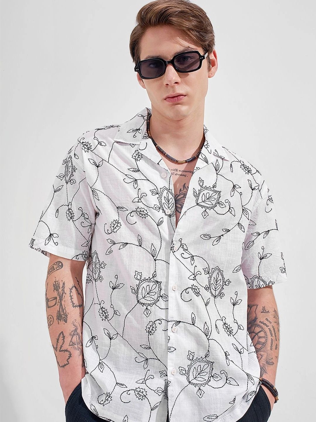 Highlander Men White Embriodered Relaxed Fit Textured Casual Shirt