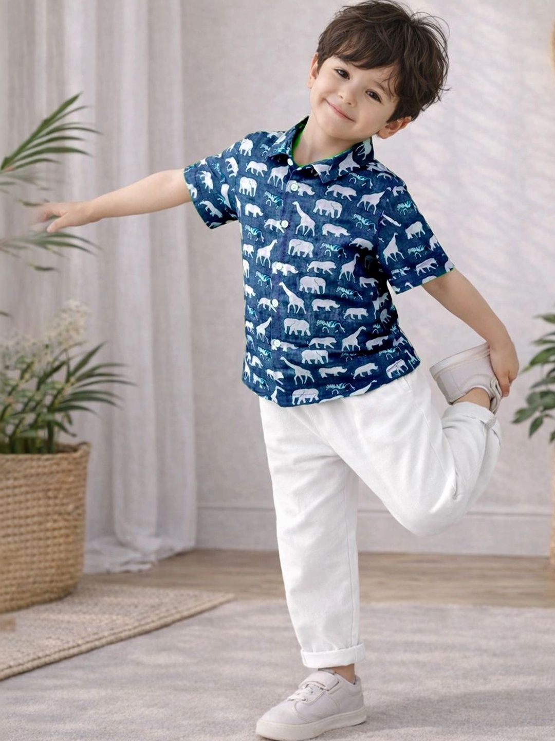 OMPAX Boys Cotton Animal Printed Shirt And Trouser Set