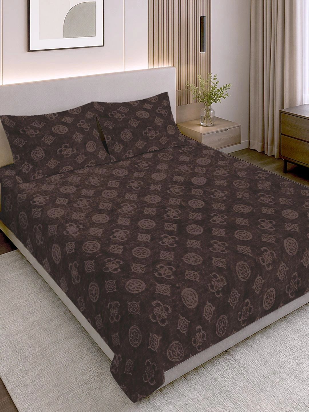 Myntra Elegant Homes Coffee Brown Printed Woollen 300 TC King Bedsheet Set 2.5 m x 2.25 m