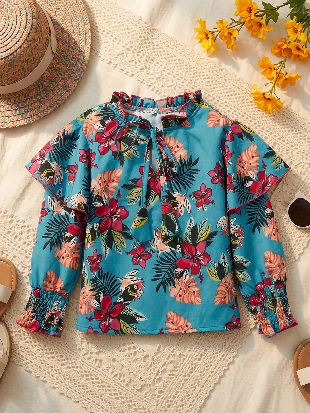 Tropical Print Tie-Up Neck Tropical Top