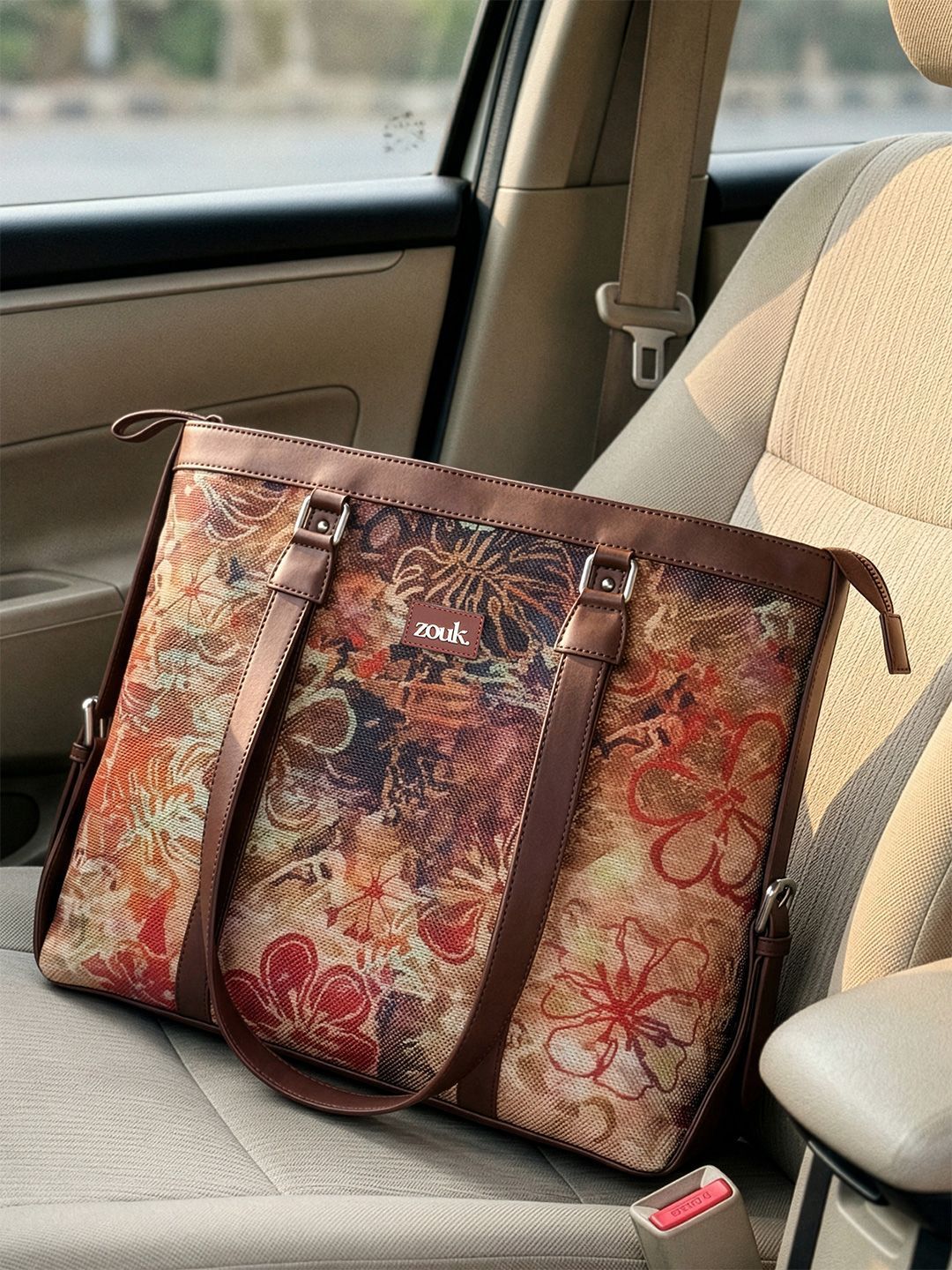 ZOUK Red & Yellow Printed Vegan Leather Sustainable Laptop Tote Bag