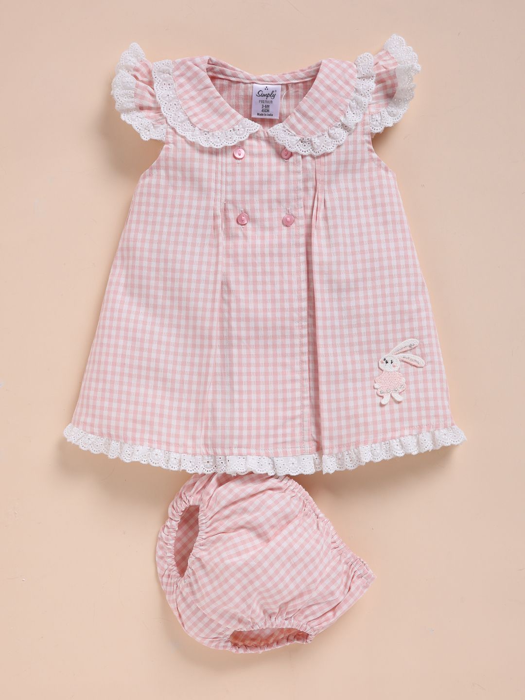 Infant Girls Checked Peter Pan Collar A-Line Pure Cotton Dress With Bloomers 2