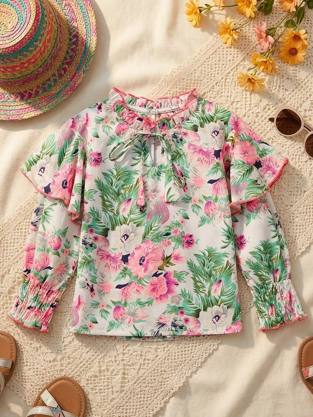 Floral Print Flared Sleeve Ruffles Top
