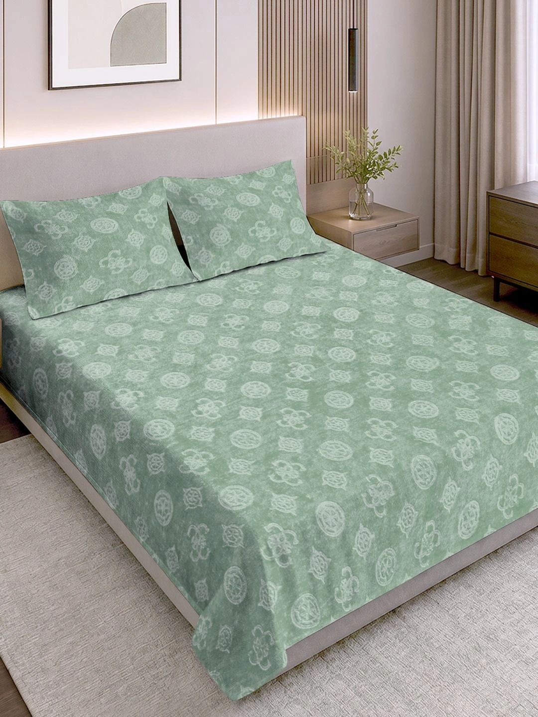 Myntra Elegant Homes Green & Off White Printed Woollen 300TC King Bedsheet Set 2.5 x 2.25m