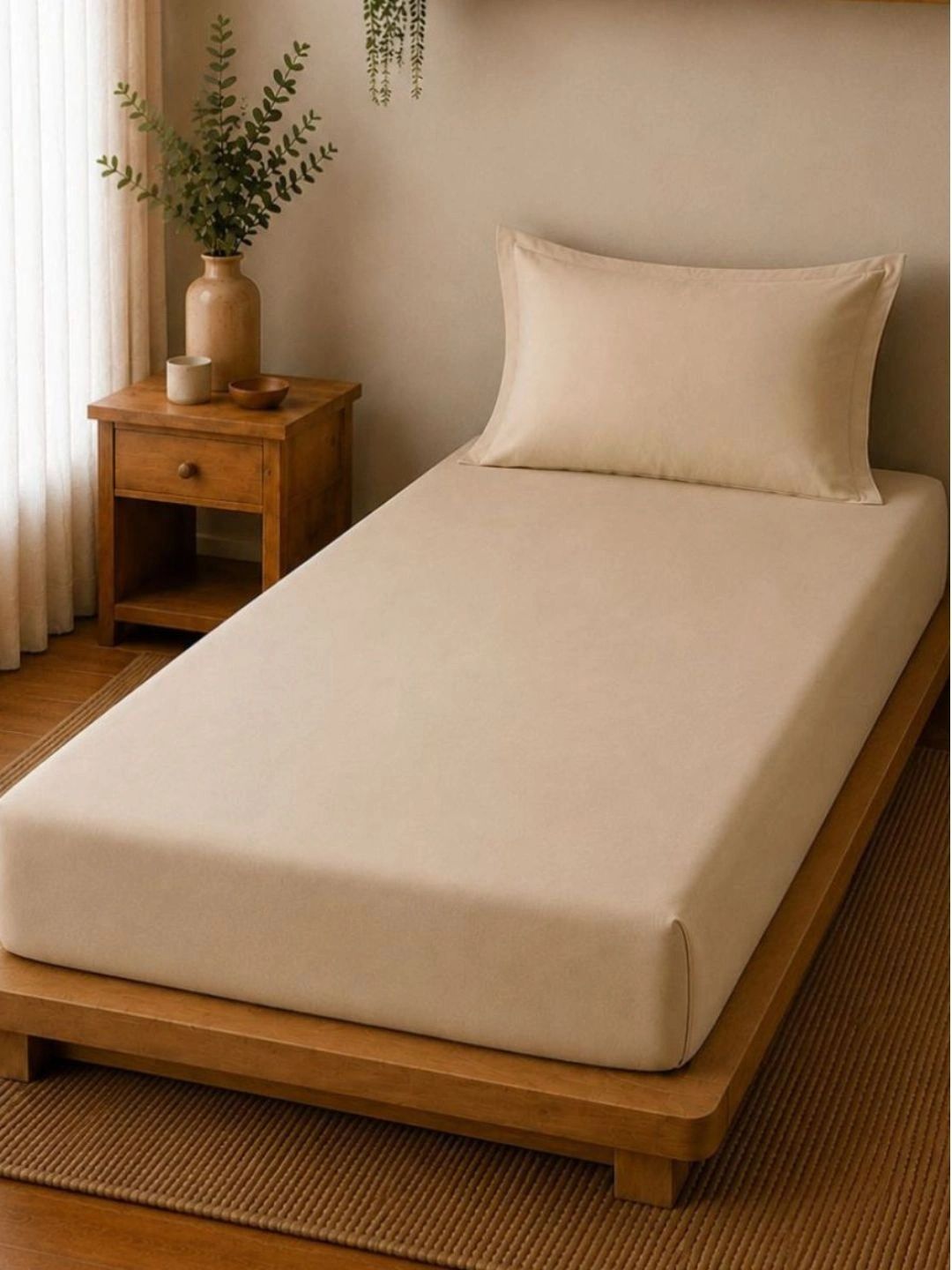 Linen Home Light Taupe 200 TC Single Size Fitted Sheet Set with 1 Pillow Cover