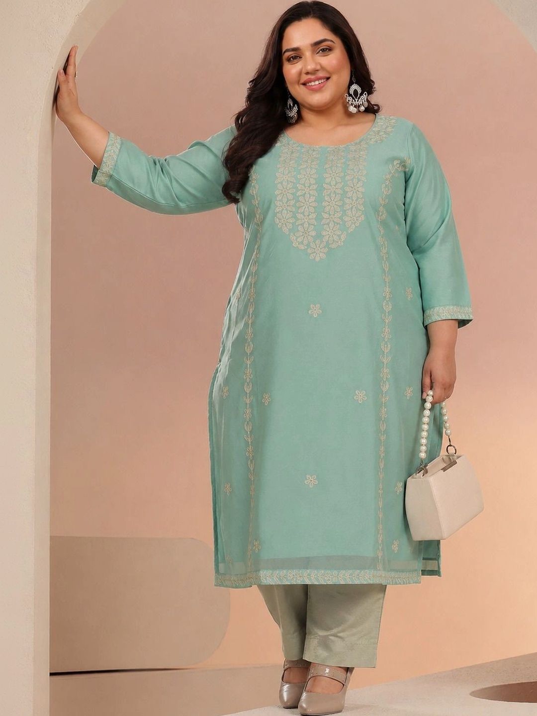 EXTRA LOVE BY LIBAS Plus Size Mint Green Floral Embroidered Silk Blend Straight Kurta