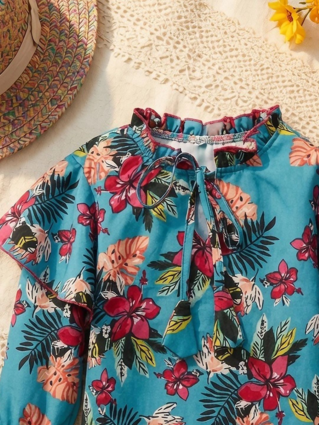 Tropical Print Tie-Up Neck Tropical Top 3
