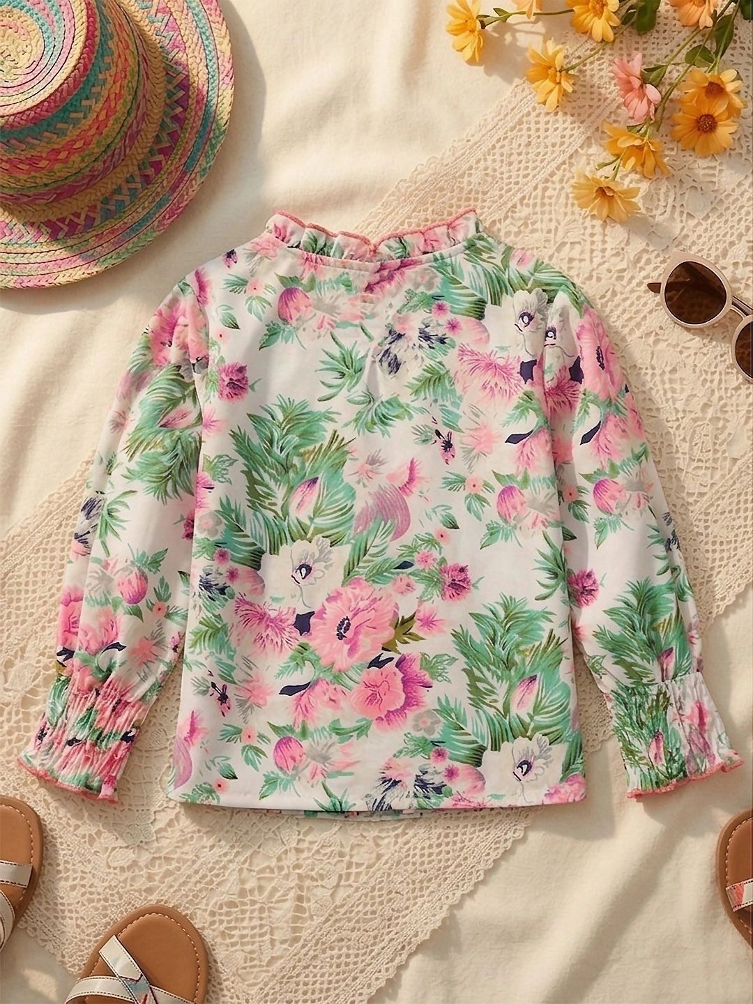 Floral Print Flared Sleeve Ruffles Top 2