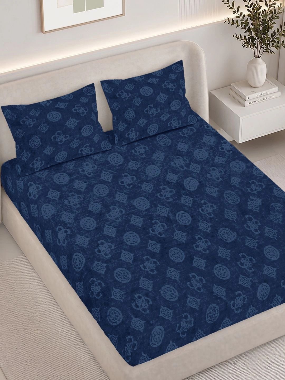 FABINALIV Navy Blue Ethnic Motifs Wool Skin-Friendly 300 TC Fitted King Fine Bedsheet with 2 Pillow Covers-250 x 225 cm