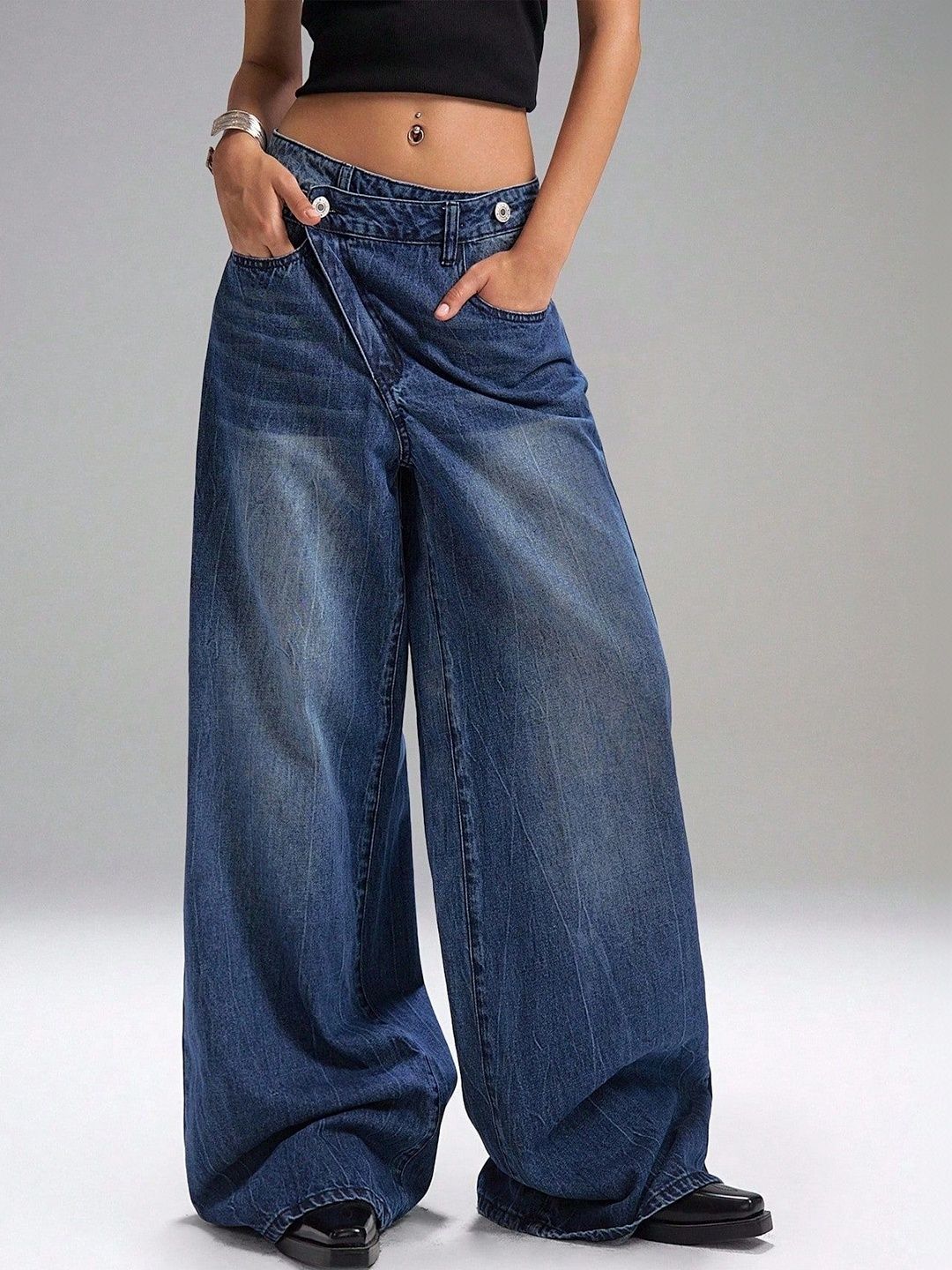 Off Duty India Women Wide Leg High-Rise Low Distress Jeans