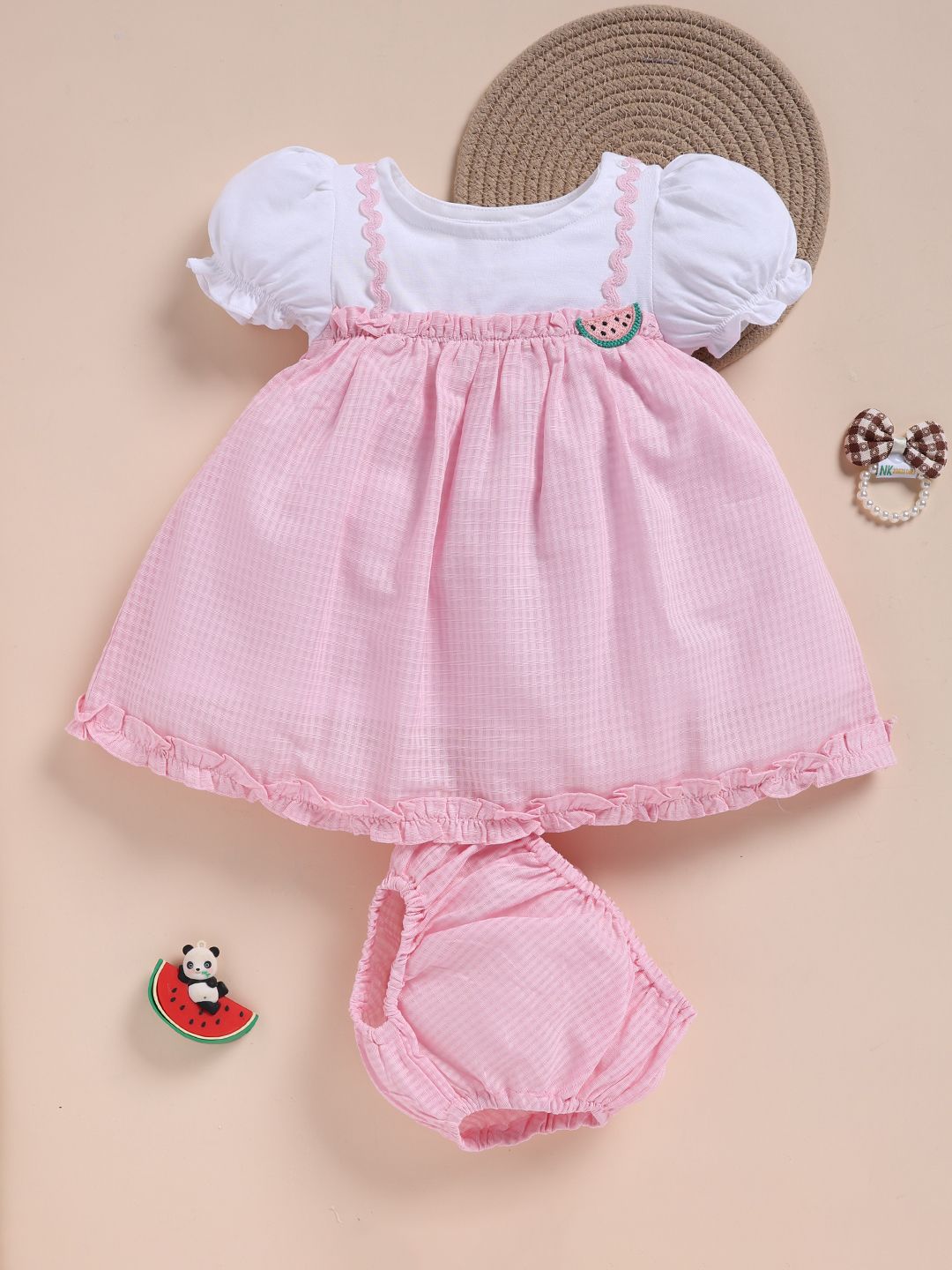 Girls Checked Puff Sleeve A-Line Dress