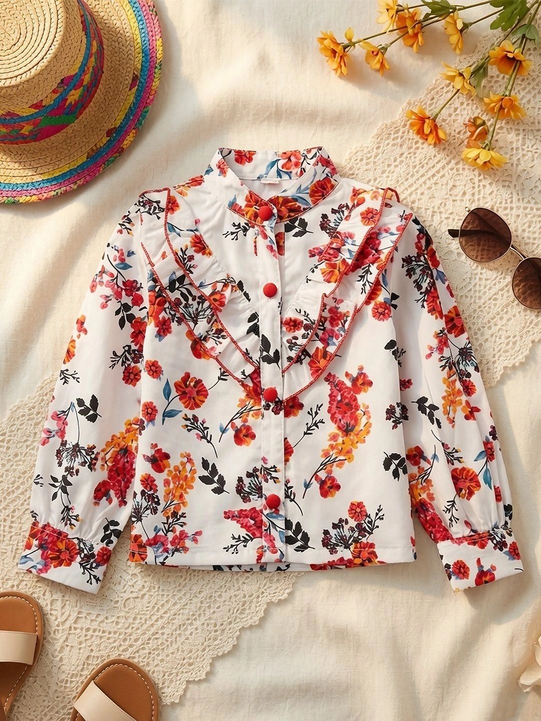 Floral Print Mandarin Collar Ruffles Top 2
