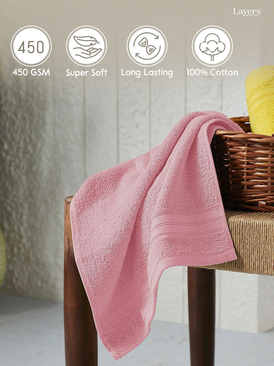 Layers Home Easy Pink 2 Pieces 450 GSM Pure Cotton Hand Towels
