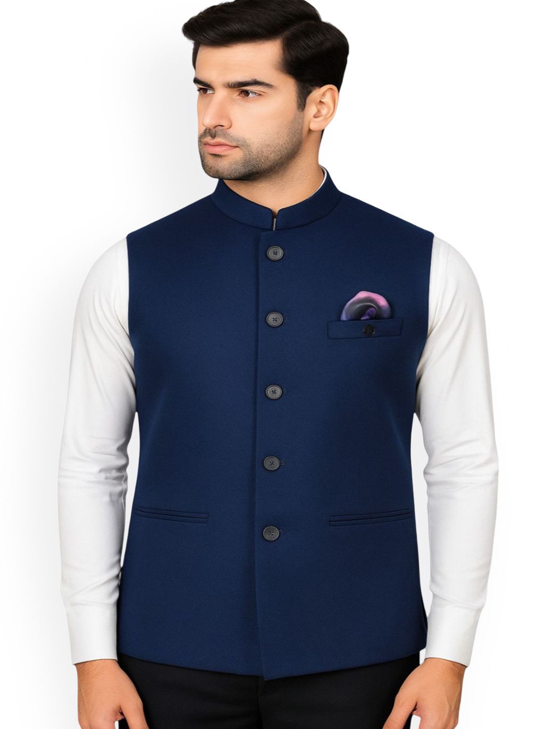 RISANI Men Mandarin Collar Neck Woven Nehru Jacket With Pocket Square