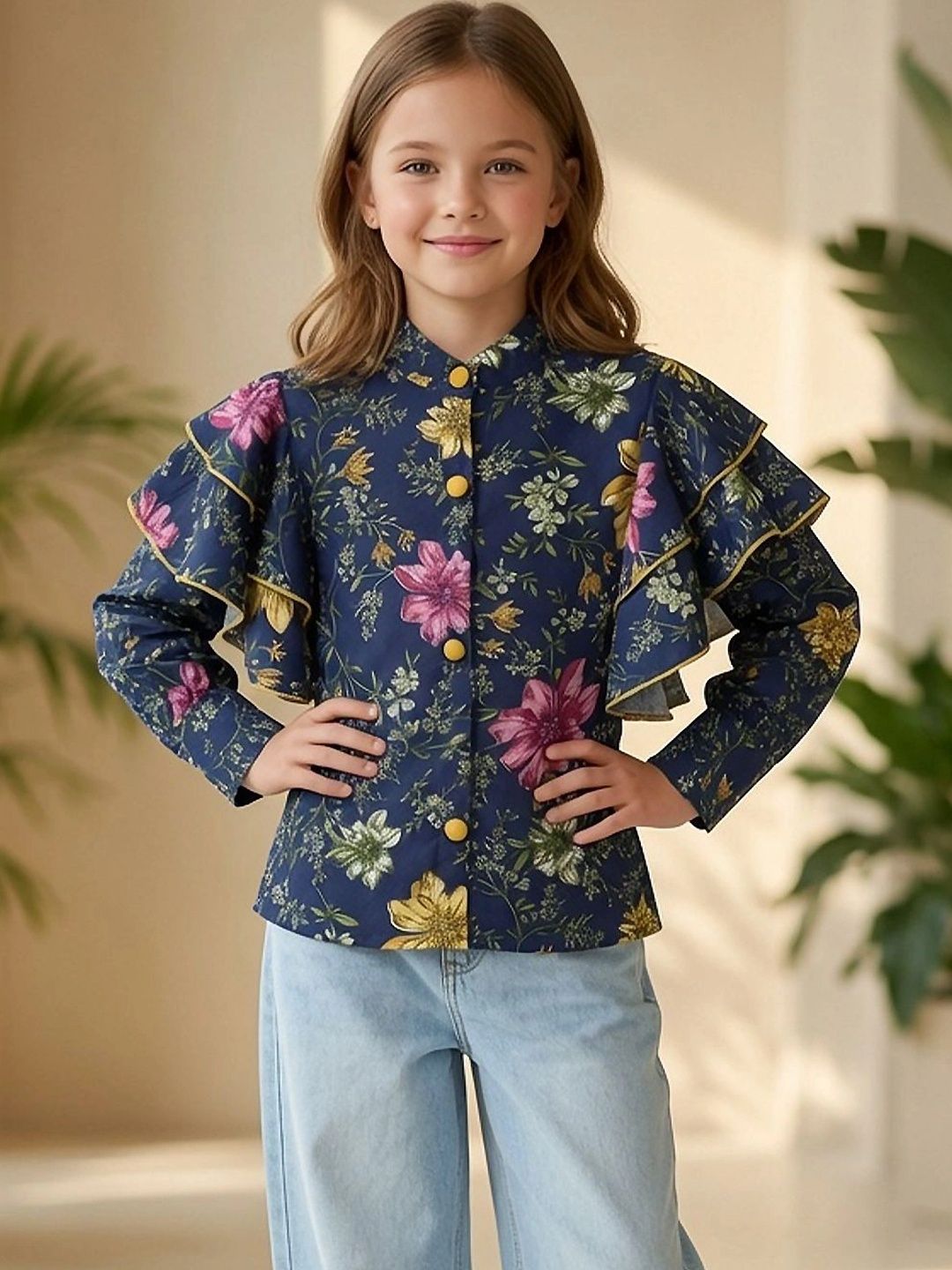 Floral Print Mandarin Collar Flared Sleeve Ruffles Top
