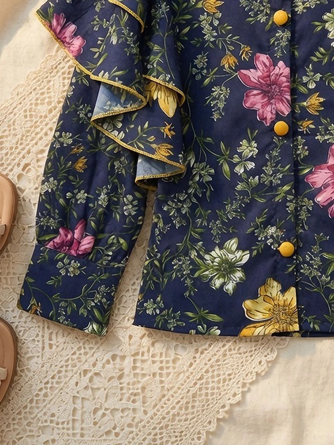 Floral Print Mandarin Collar Flared Sleeve Ruffles Top 6