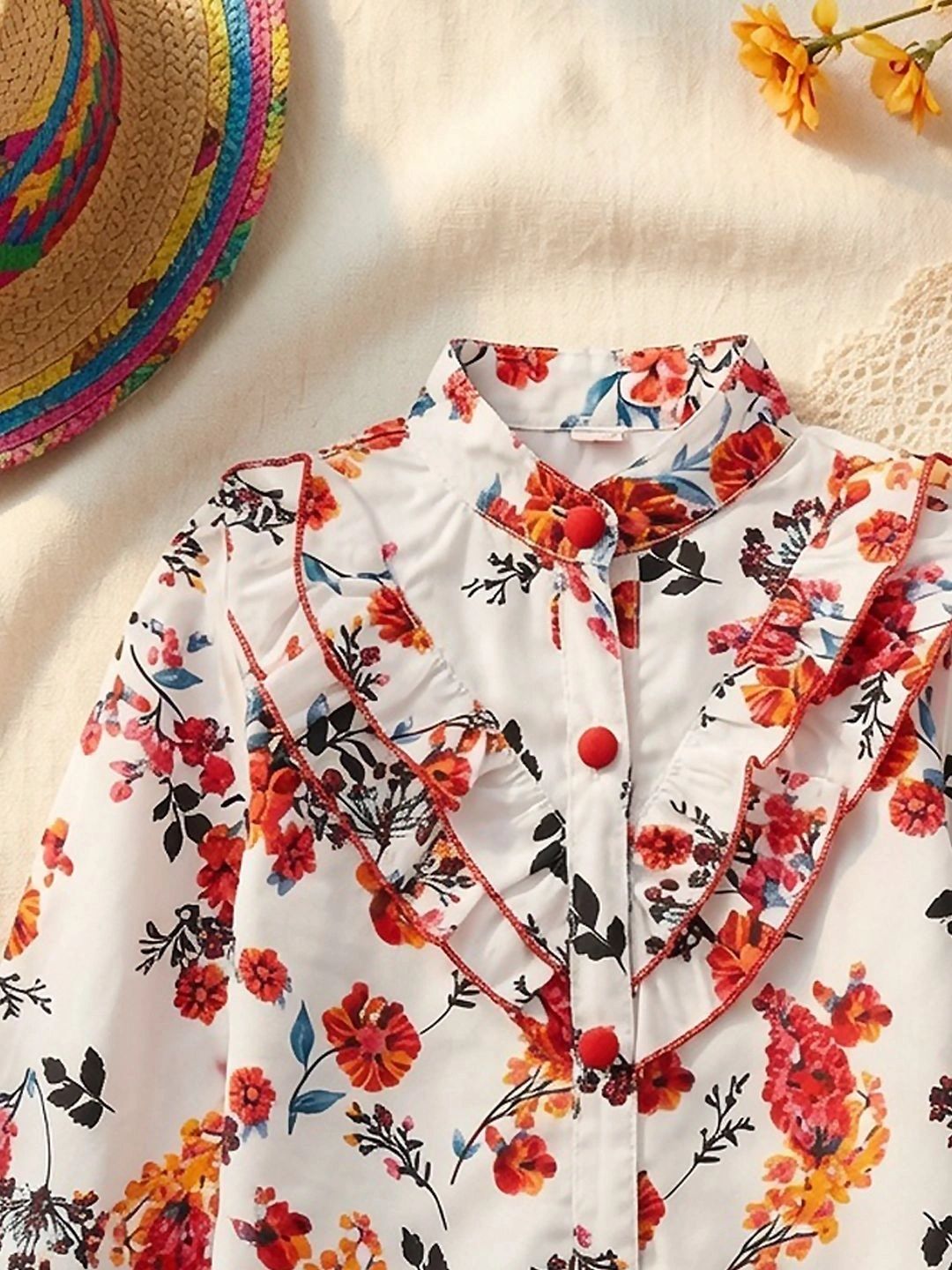 Floral Print Mandarin Collar Ruffles Top 4