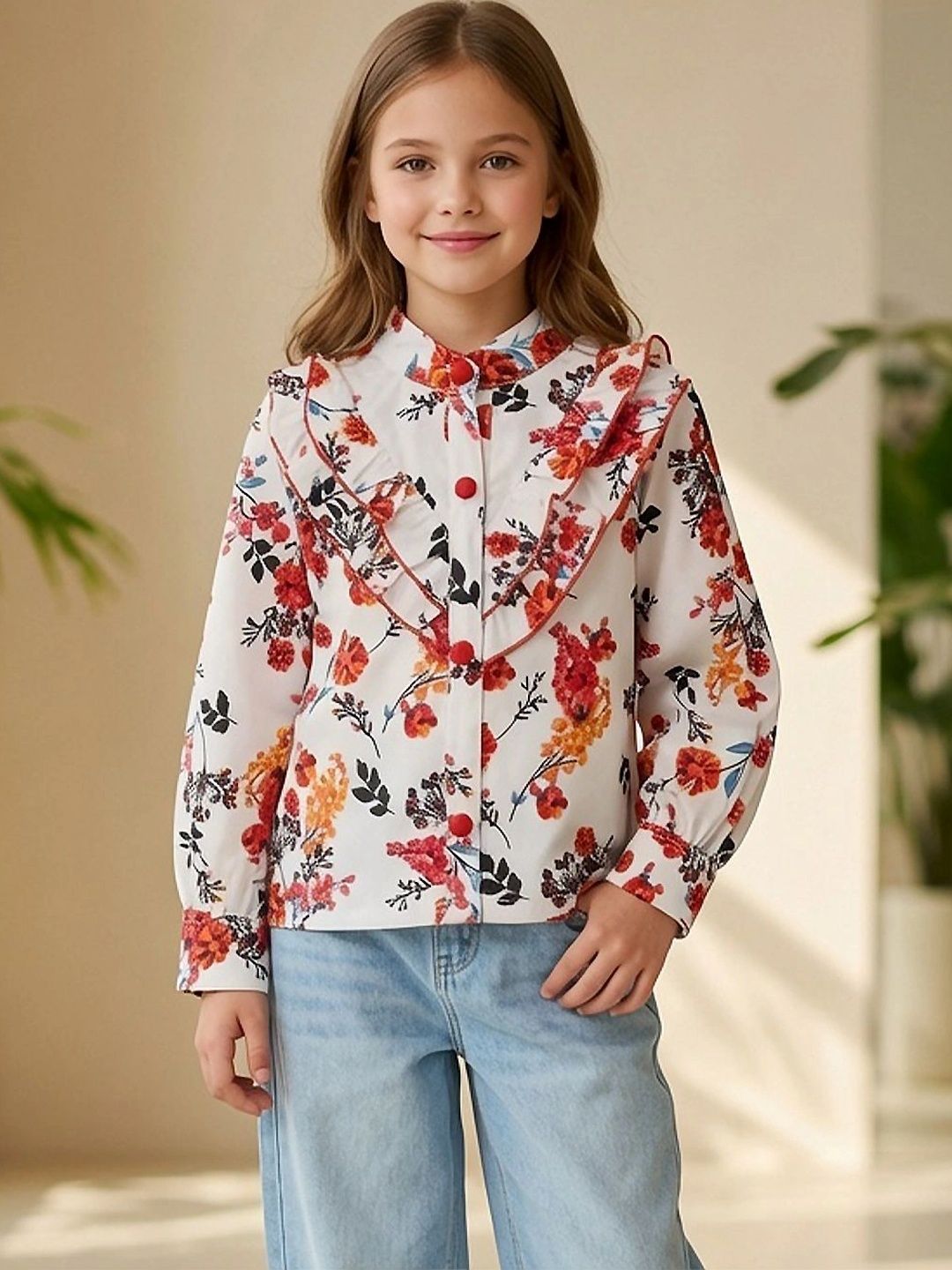 Floral Print Mandarin Collar Ruffles Top