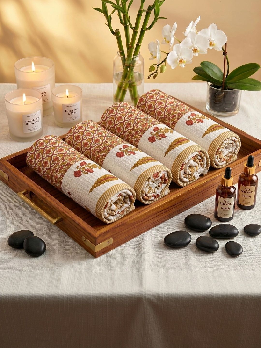 MAFATLAL 4Pcs White & Brown Ethnic Printed Pure Cotton 250-GSM Skin Friendly Hand Towels