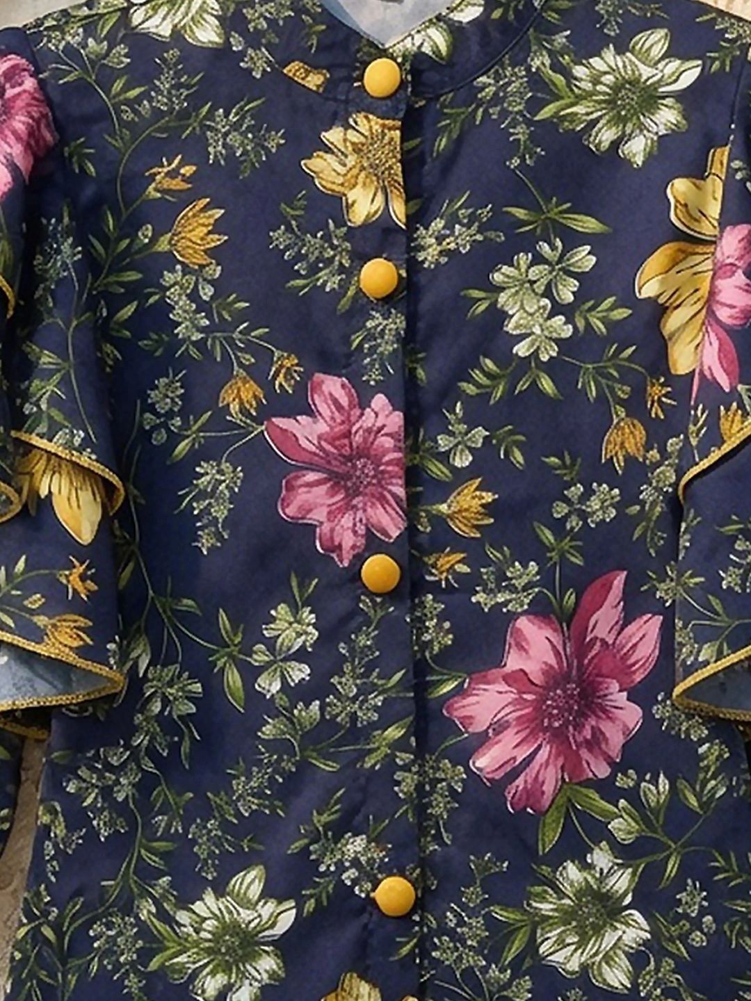 Floral Print Mandarin Collar Flared Sleeve Ruffles Top 5