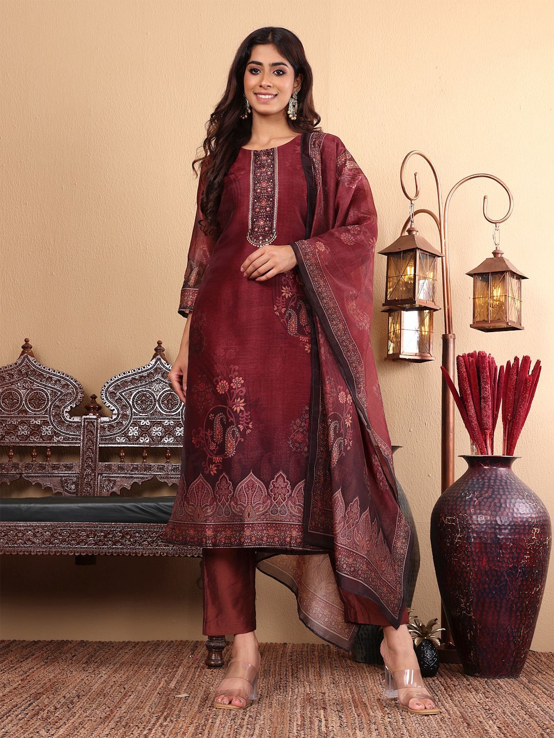 Floral Printed Sequinned Chanderi Silk Straight Kurta with Trousers & Dupatta