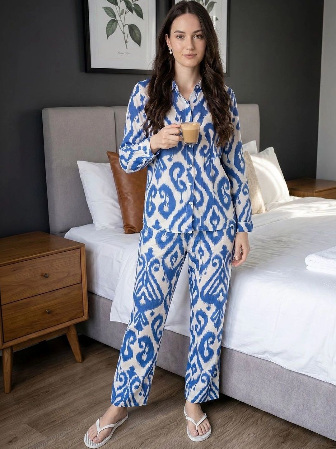 Indigo Cotton Printed Shirt with Trousers