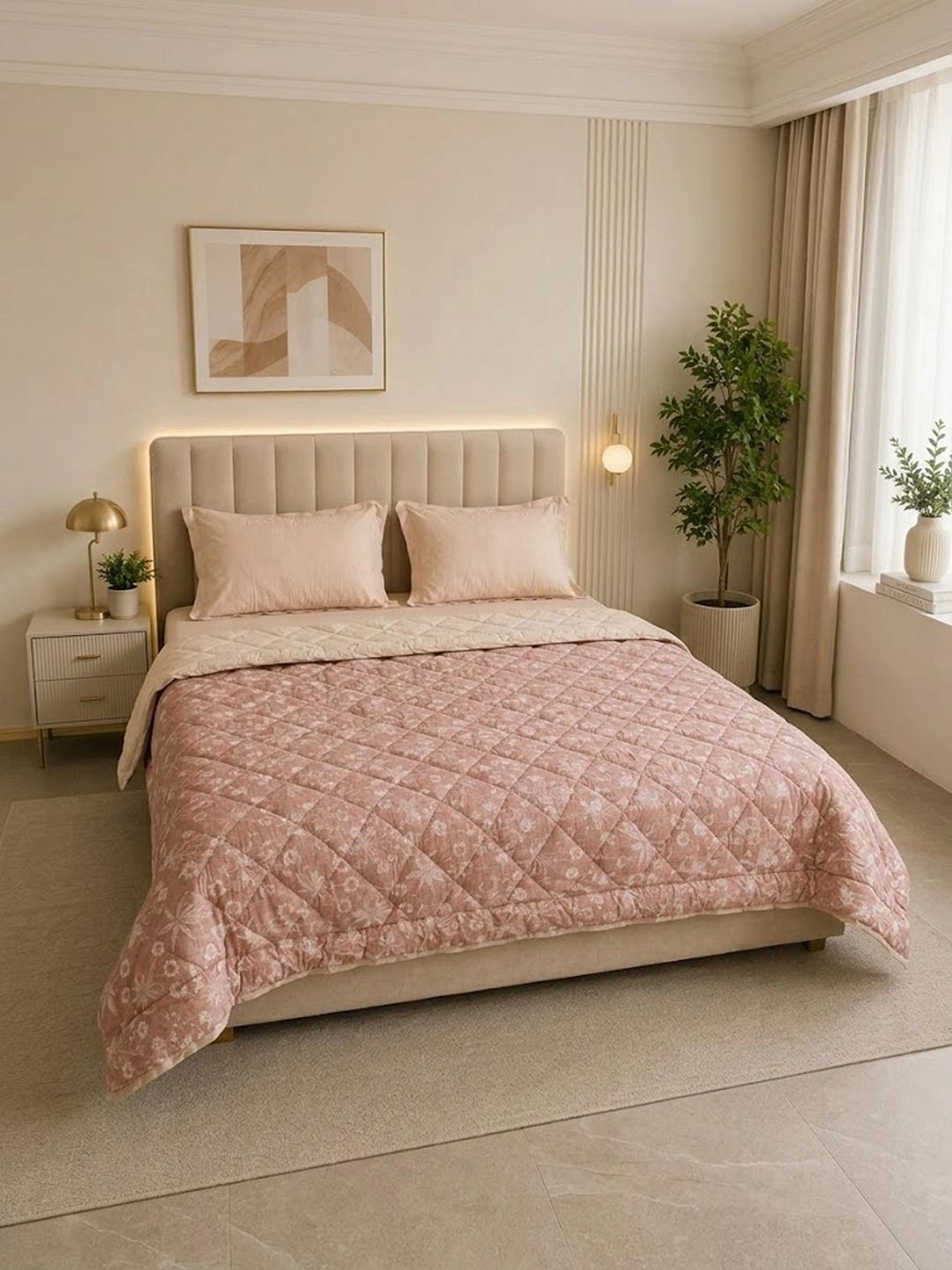 Linen Home Nora Floral Light Brown & Light Taupe Reversible AC Blanket Double Size