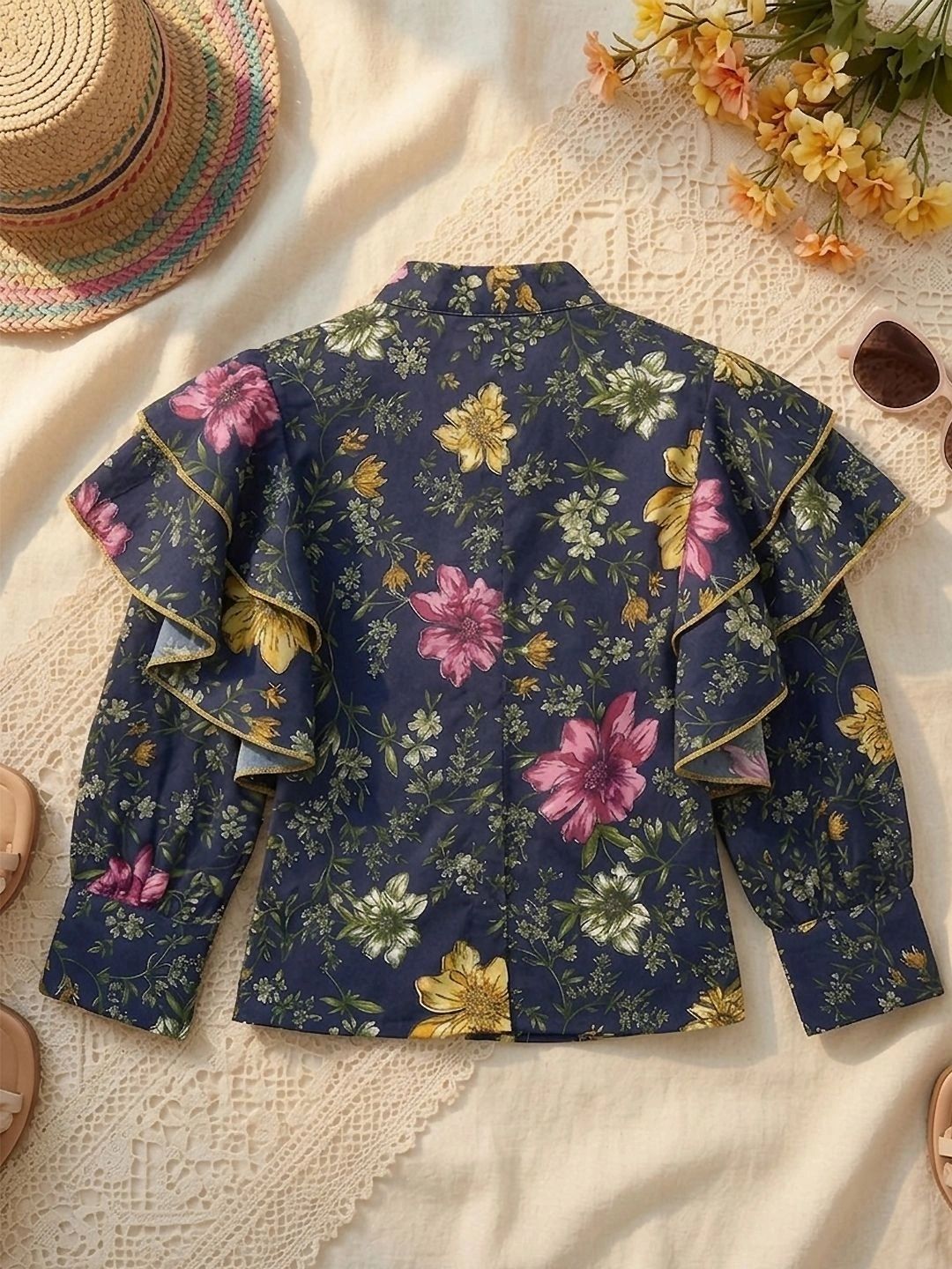 Floral Print Mandarin Collar Flared Sleeve Ruffles Top 3