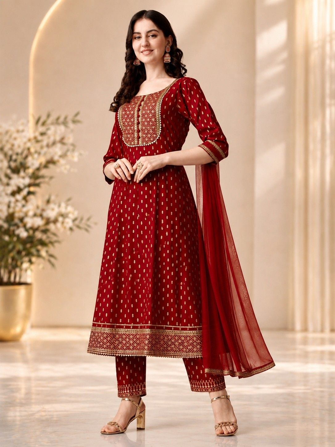 QUEENSFAB Ethnic Motifs Printed Empire Thread Work Kurta with Trousers & With Dupatta