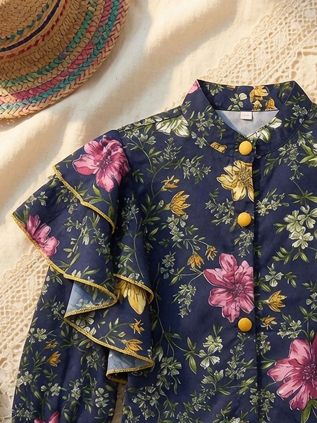 Floral Print Mandarin Collar Flared Sleeve Ruffles Top 4
