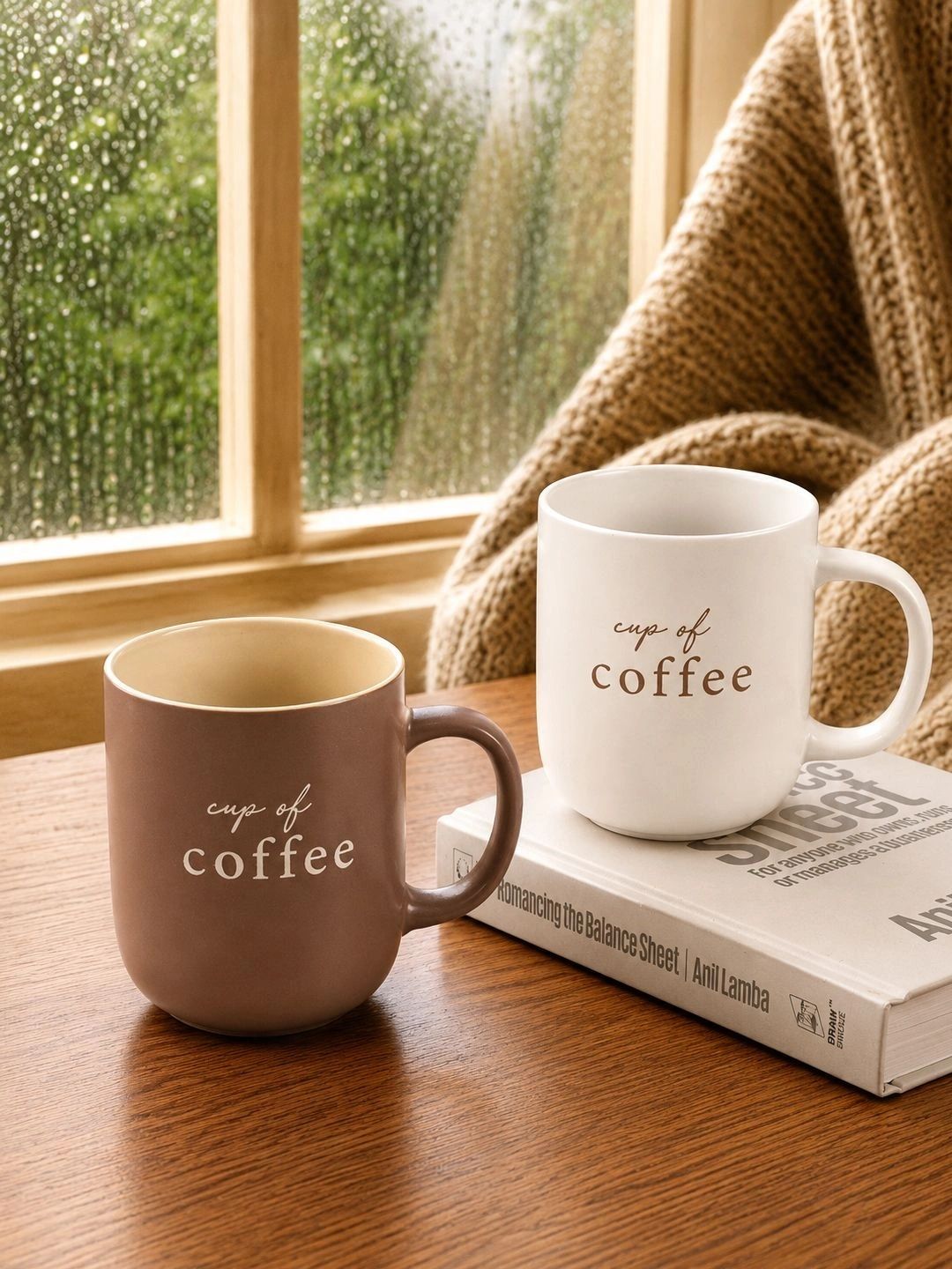 MARKET99 Set of 2 Off White & Taupe Brown Ceramic Coffee Mugs 350 ml Each