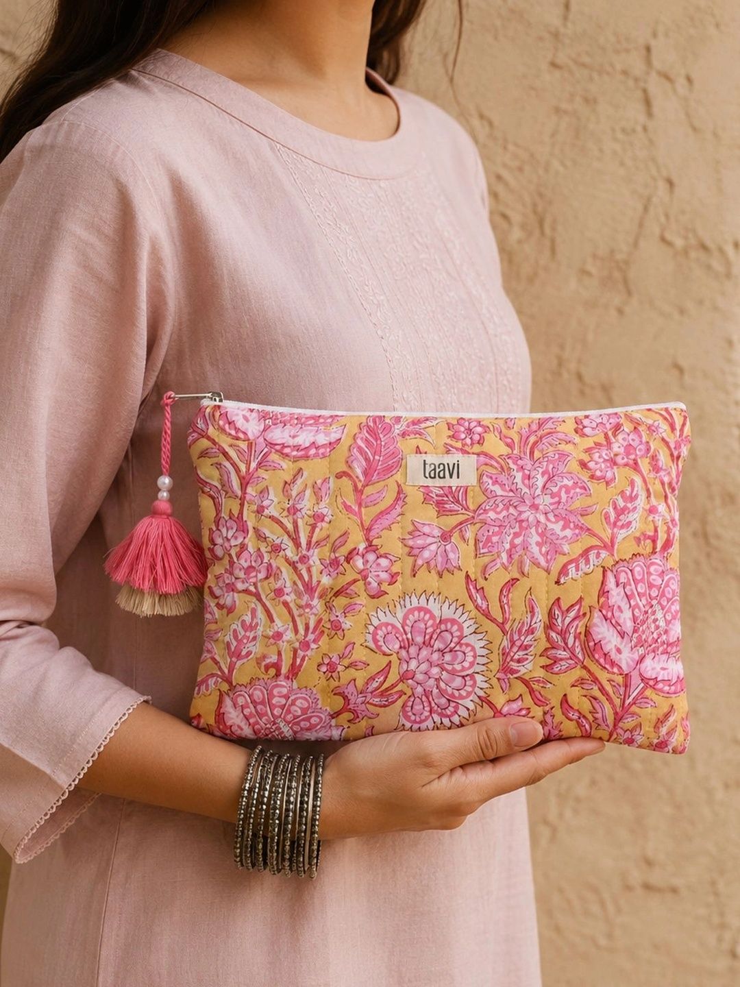 Taavi Floral Printed Handheld Bag with Tasselled
