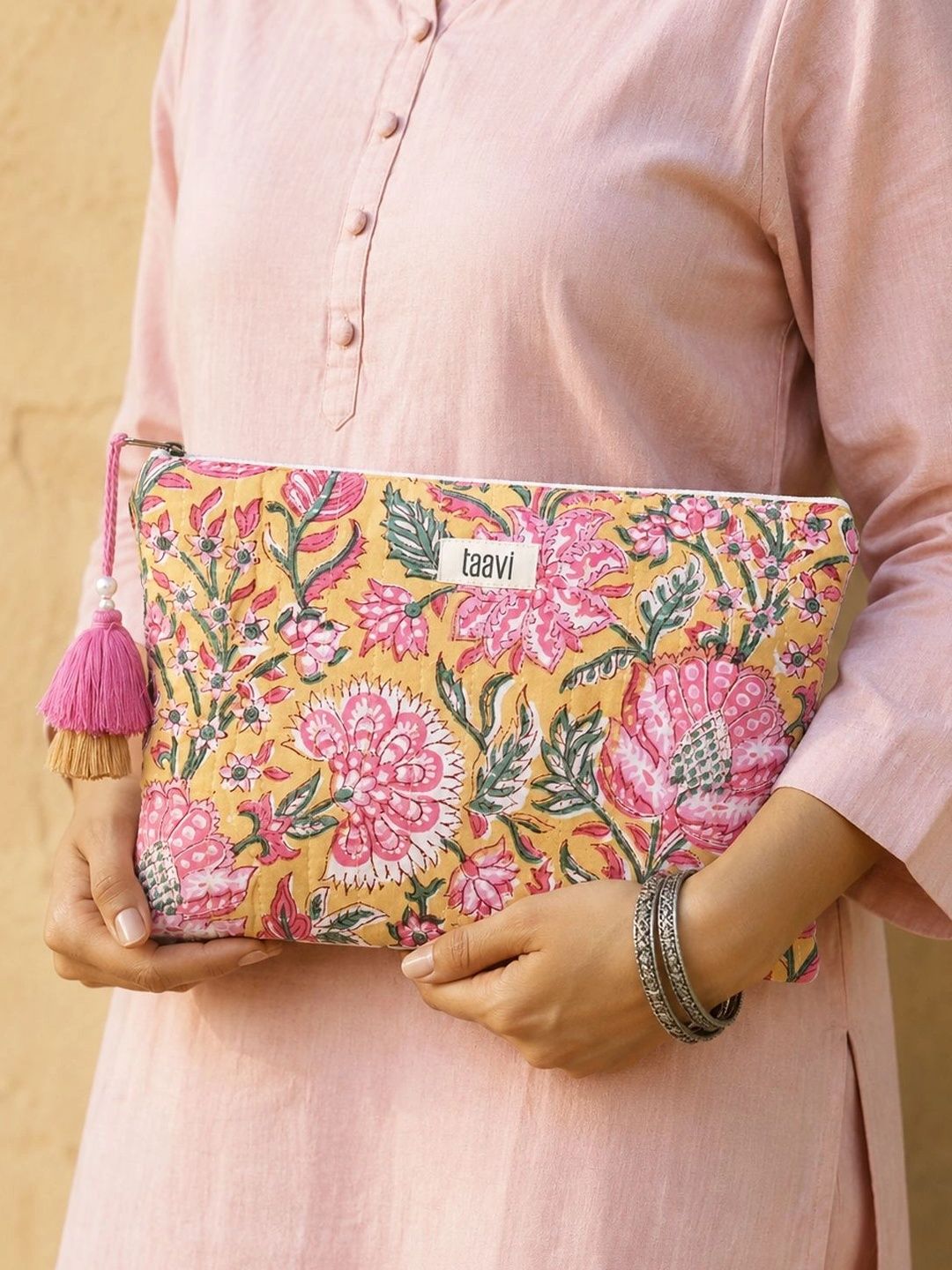 Taavi Floral Printed Handheld Bag with Tasselled