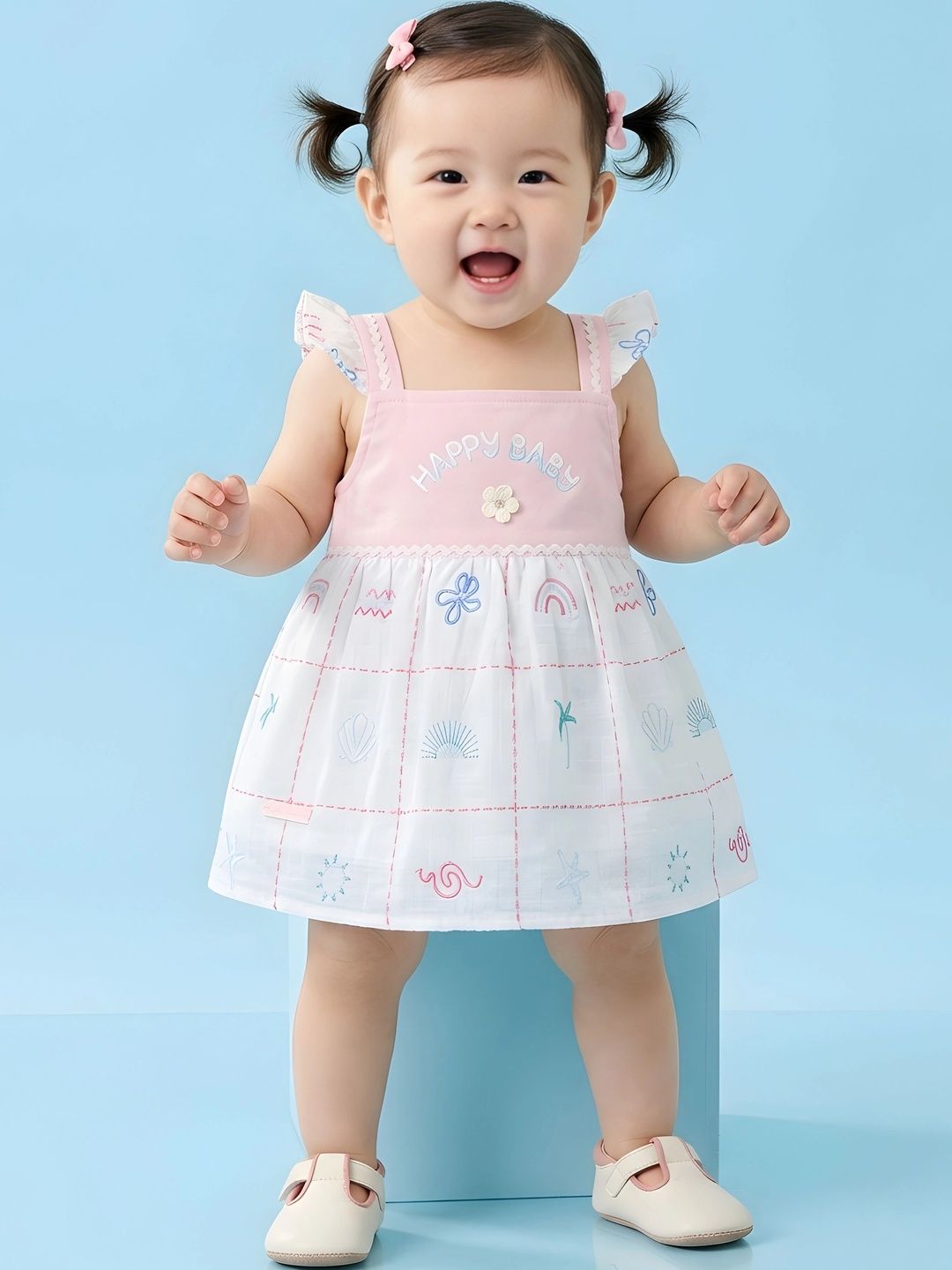 Babys Day Embroidered Flutter Sleeve A-Line Dress