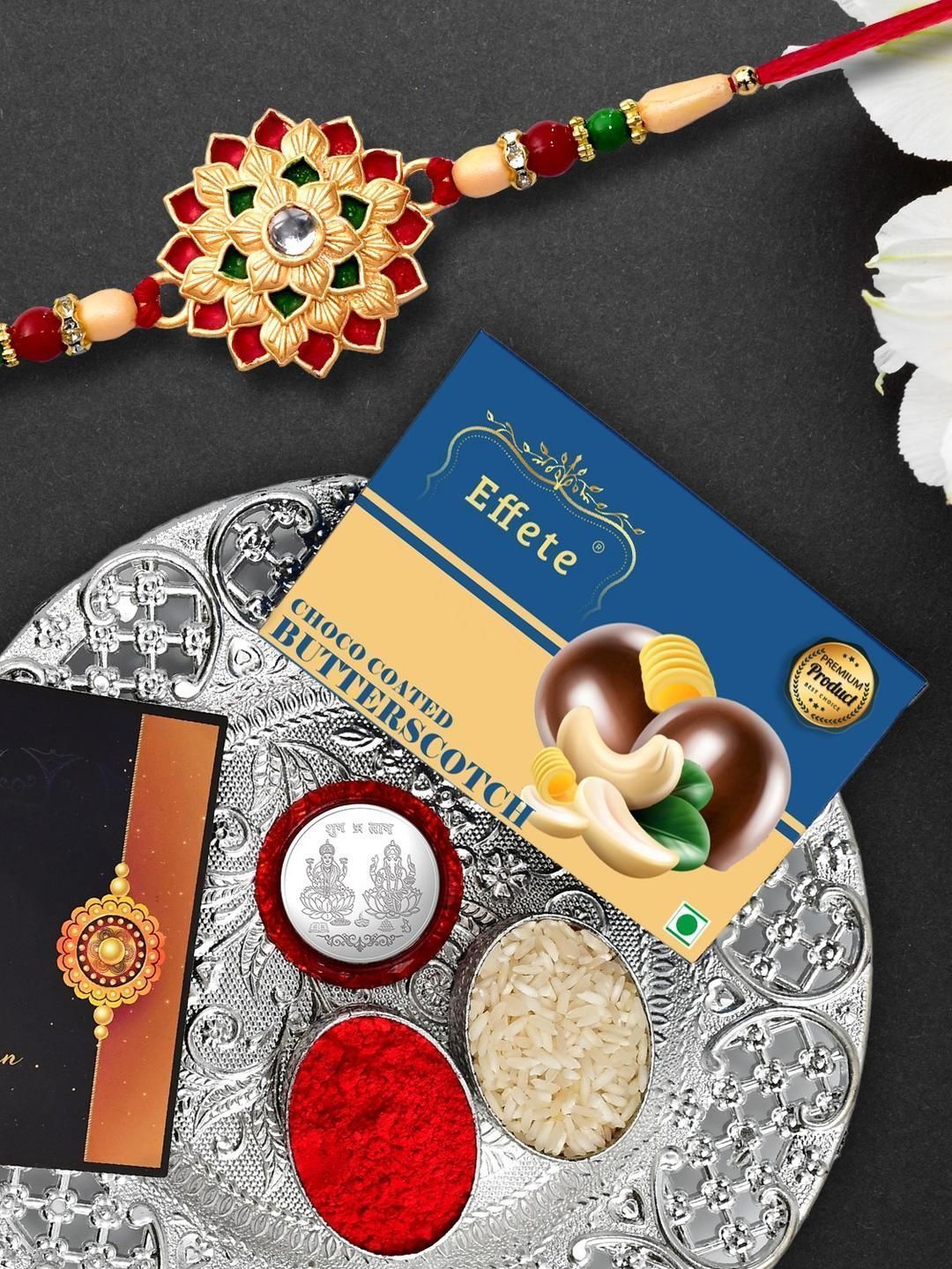 DeoDap Rakhi With Chocolate Roli Chawal Coin & Greeting Card Gift Set