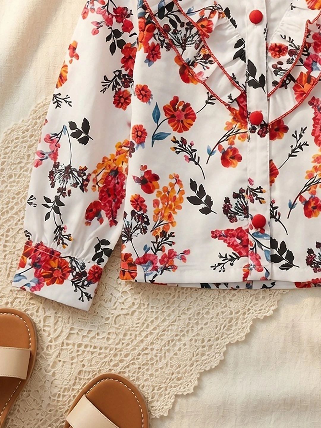 Floral Print Mandarin Collar Ruffles Top 6