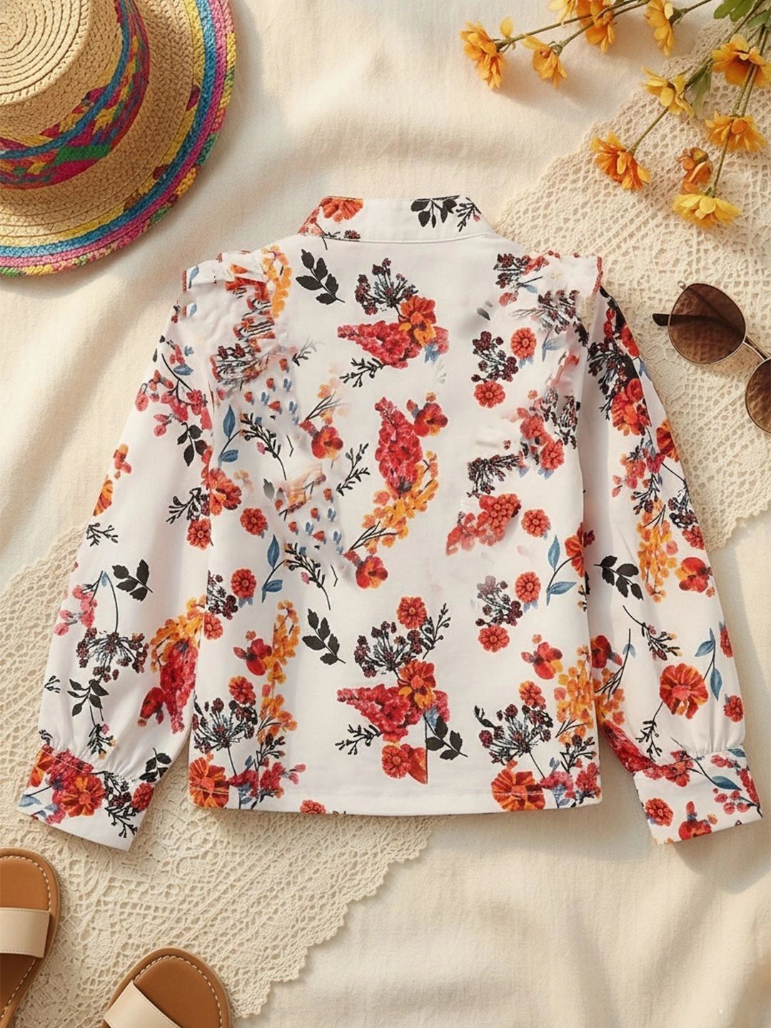 Floral Print Mandarin Collar Ruffles Top 3